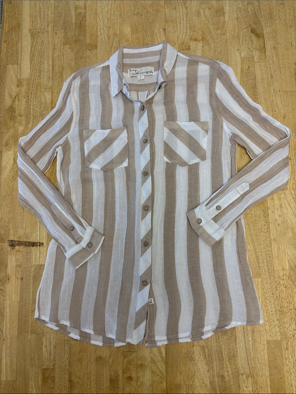 Vintage Havana Linen Blend Striped Button-Down Shirt Beige & White Button Back